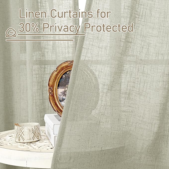 LAMIT Sage Grey Sheer Linen Curtains 63 Inch for Bedroom, Light Filtering Neutral Semi Sheer Farmhouse Boho Curtains Back Tab and Rod Pocket Living Room Panels, 2 Panels, 52 x 63 Inch