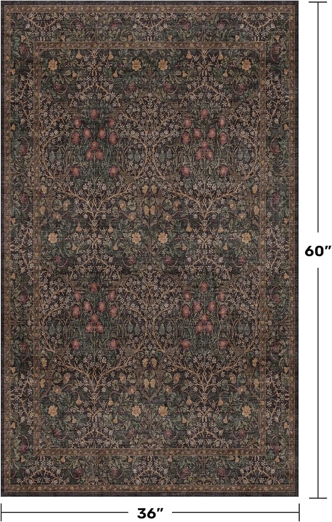 Boho Dark Brown 3x5 Large Entryway Rug - Moody Neutral Washable Low Pile Area Rugs Non-Slip for Mudroom, Door Mat Indoor Entrance, Kitchen, Laundry, Taupe Golden Accent Floral Floor Decor