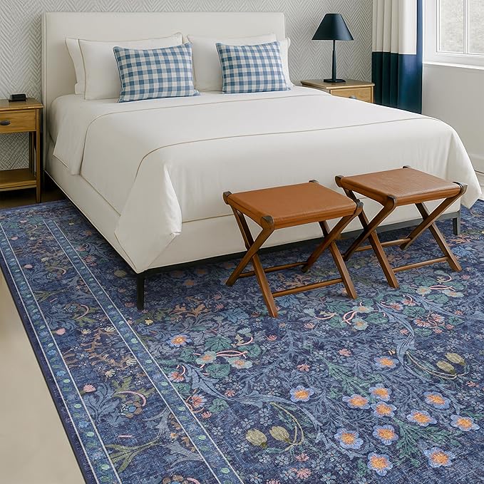 Washable Dark Blue Rug for Living Room - 9x12 Large Area Rug for Dining Room Under Table, Bedroom, Soft Low Pile Non-Slip Stain Resistant Carpet - Vintage Navy Floral Design