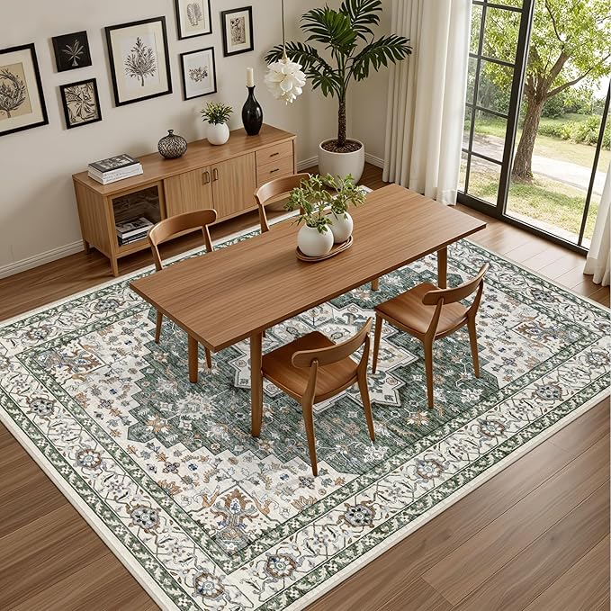 8x10 Area Rugs for Living Room: Washable Rug Soft Vintage Boho Medallion Carpet Indoor Non-Slip Stain Resistant Large Carpets for Bedroom Dining Room Farmhouse Nursery Home Office Green Ivory
