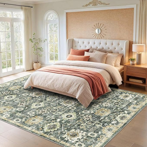AMADA HOMEFURNISHING 6x9 Area Rugs, Blue Low-Profile Washable Rug with Non-Slip Backing & Durable Edge Binding, Vintage Rugs for Living Room, Bedroom, Dining Room