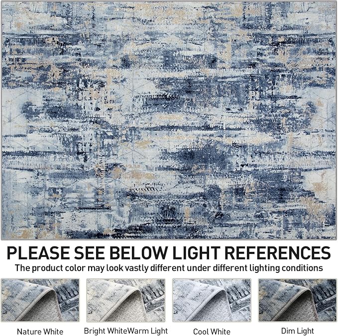 8x10 Area Rugs Washable Rug: Large Modern Abstract Living Room Rug Soft Anti-Skid Thin Carpet Indoor Floor Non-Shedding Carpets for Bedroom Dining Room Farmhouse Nursery Home Office Blue Gold