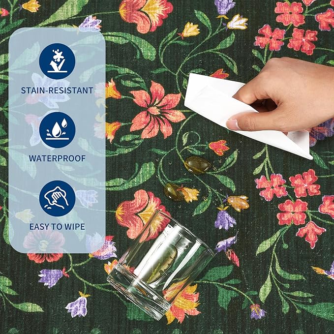 Washable Rug 5x7 Area Rugs for Living Room, Protea Floral Rug for Bedroom, Soft Boho Non Slip Throw Rugs with Rubber Back, Low Pile Stain Resistant Vintage Floral Carpet for Dining Room, Forest Green