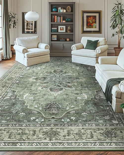 Area Rugs 10'x14' Washable Non-Slip, Floral Vintage Distress Print Pattern Medallion Carpet for Living Room Bedroom Dining Room, Dark Green Gray
