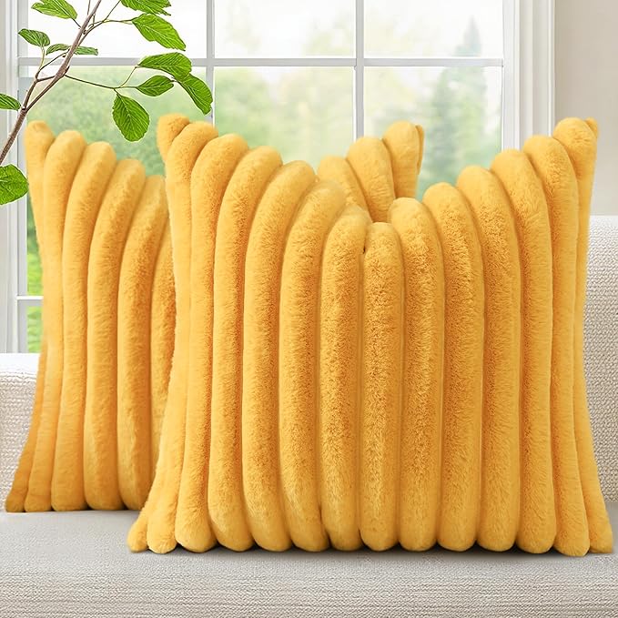 decorUhome Summer Cozy Faux Fur Throw Pillow Covers 26x26 Set of 2 Decorative Plush Striped Modern Farmhouse Boho Couch Euro Sham Pillow Cases with Velvet Back for Sofa Bed Living Room, Mustard Yellow