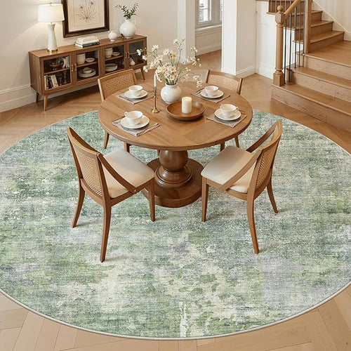 8x8 Green/Ivory Round Rug 8ft Living Room Circle Rug Vintage Round Area Rug Non Slip Indoor Carpet for Apartment