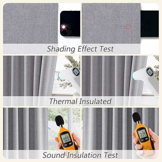 Guken Grey 100% Blackout Curtains 90 Inch Length 2 Panels Set for Living Room Bedroom Back Tab Thermal Insulated Black Out Linen Drapes Room Darkening Window Curtains 90 Inches Long