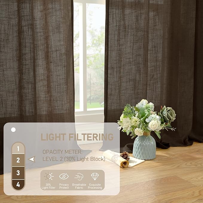LAMIT Brown Linen Curtains for Living Room 84 inch Length 2 Panels, Light Filtering Semi Sheer Drapes Back Tab and Rod Pocket Farmhouse Panels for Bedroom/Sliding Glass Door, Dark Brown, 52 x 84 Inch