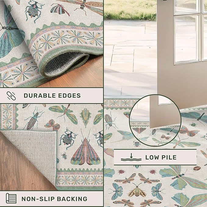 Green and Blue Rugs for Bedroom - Washable 6x8 Area Rug for Living Room, Dining Room, Non Slip Fun Insect Cute Kid Room Carpet, Stain Resistant Low Pile & Soft