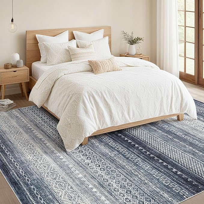 Nakagishi 5x7 Area Rugs Living Room: Washable Boho Large Neutral Soft Rug Modern Stain Resistant Moroccan Indoor Non Slip Floor Carpet for Bedroom Nursery Kids Playroom Office Dining Room Dorm- Blue
