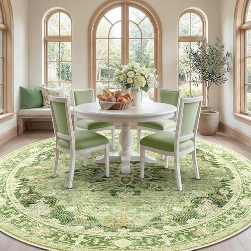 Area Rugs 8ft Washable Non-Slip, Floral Vintage Distress Print Pattern Medallion Carpet for Living Room Bedroom Dining Room, Sage Green Yellow