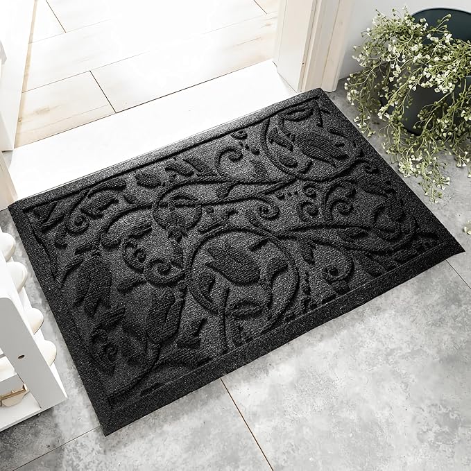 Boho Black Floral Leaves Outdoor Indoor Entrance Doormats, Absorbent Durable Heavy Duty Welcome Front Door Mat,Thick Natural Rubber Back,Easy Clean Entryway Mat 17x30 Inch, Low Profile
