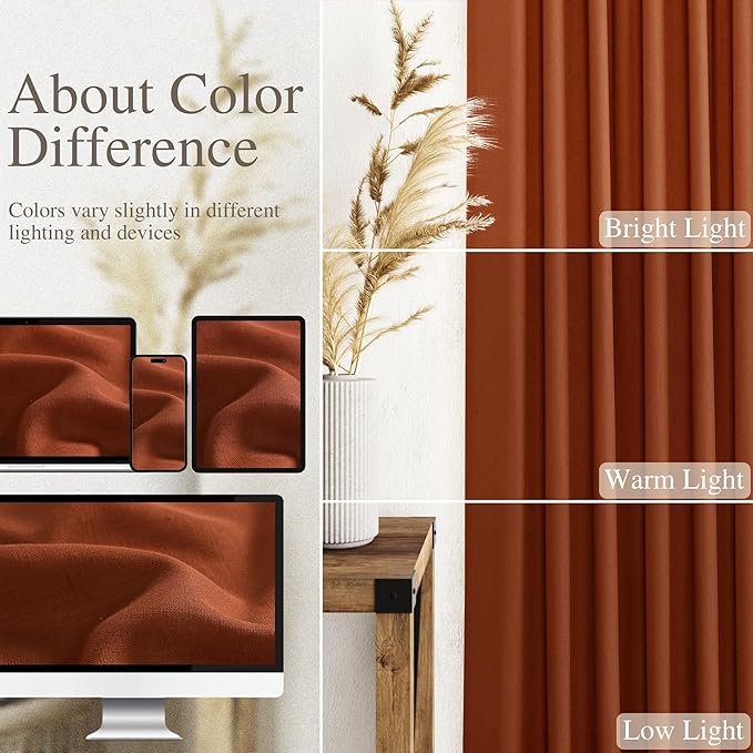 Nanspring Linen Blend Terracotta Curtains 100 inches Long 2 Panel Back Tab Rod Pocket Rustic Farmhouse Boho Curtains for Dining Room Semi Sheer Brick Burnt Bohemian Fall Decor Rust Colored Curtain