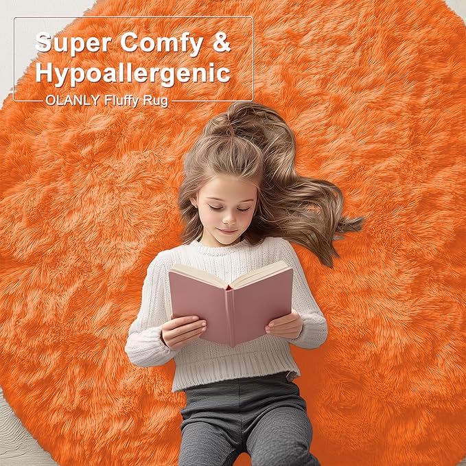 OLANLY Orange Round Rugs for Bedroom - Machine Washable, 8 ft Circle Area Rugs for Living Room, Soft and Fluffy Shaggy Carpet for Teen Girl and Boys, Nursery Rooms, Dorms, Home Decor Aesthetic