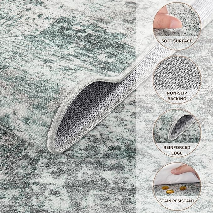UERMEI 8x10 Area Rug Living Room Rugs - Washable Neutral Modern Abstract Soft Thin Large Rug Indoor Floor No Slip Rug Carpet for Bedroom Under Dining Table Home Office Decor - Green/Grey