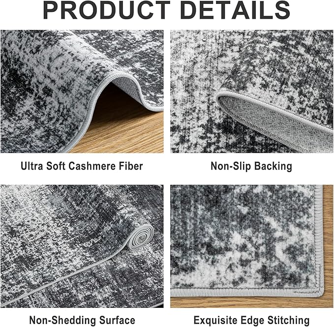 Area Rugs 9x12 Living Room - Washable Rug Modern Abstract Soft Large Neutral Non-Slip Carpet Indoor Floor Thin Carpets for Bedroom Dining Room Farmhouse Nursery Home Office Dark Black
