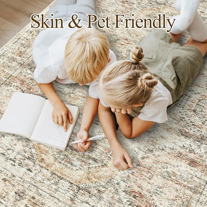 Soalmost 5x7 Area Rugs Brown Pink Low Pile Indoor Washable Trendy Faded Style Rugs for Bedroom Living Room Dining Room Foldable Non-Slip Thin Print Mat
