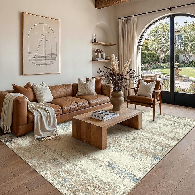 PureCozy 5x7 Area Rug Washable Beige Brown Abstract Living Room Carpet Non Slip Modern Neutral Soft Low Pile Contemporary Aesthetic Bedroom Indoor Rug for Office Laundry Dining Room Kitchen