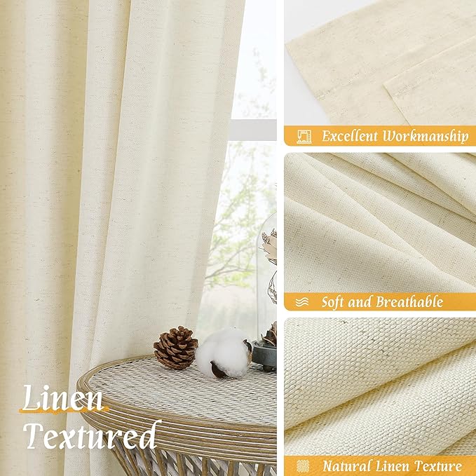 LAMIT Light Beige Linen Semi Sheer Curtains 45 Inch for Bedroom, Light Filtering Neutral Privacy Window Curtains Boho Rod Pocket Living Room Decor Panels for Loft Room, 2 Panels, 42 x 45 Inch
