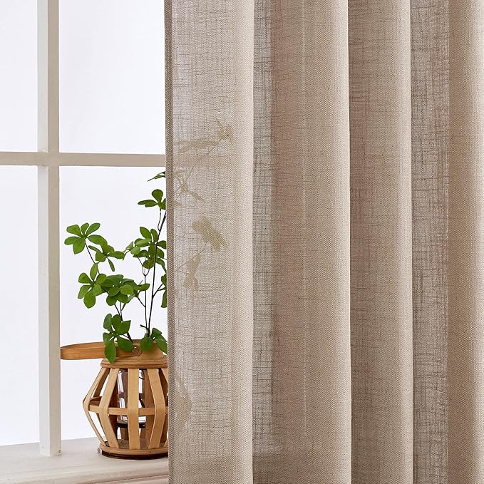 MIULEE Taupe Short Linen Curtains 45 Inch Length 2 Panels for Kitchen Bedroom Bathroom, Soft Thick Linen Textured Basement Window Drapes Semi Sheer Light Filtering Back Tab Burlap Look Decor