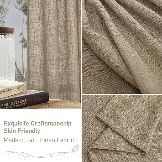 LAMIT Short Linen Curtains 30 Inch Length for Cafe, Semi Sheer Light Filtering Panels Back Tab and Rod Pocket Country Decor Drapes for Basement/Small Window, Taupe, 2 Panels, 34 x 30 Inch