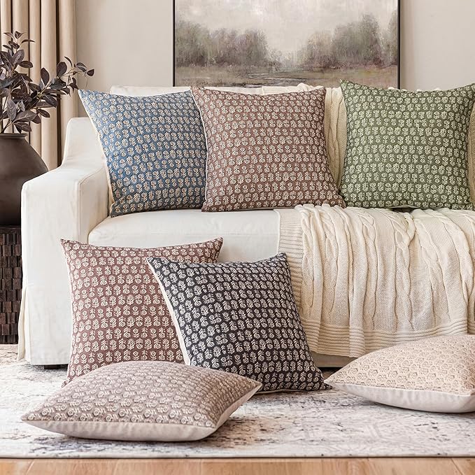 Foindtower Set of 2 Decorative Neutral Floral Print Throw Pillow Covers Vintage Accent Farmhouse Cushion Covers Boho Home Decor for Sofa Chair Couch Bedroom Living Room,18×18 Inch,Dusty Blue