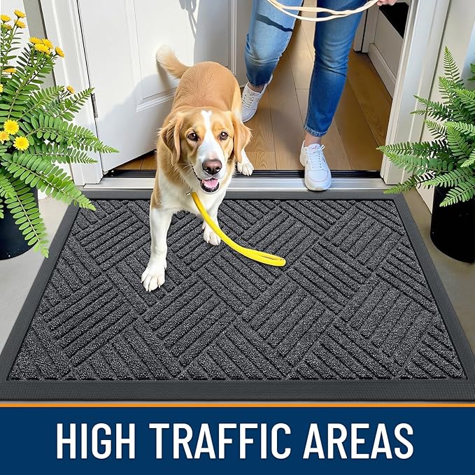 OLANLY Front Door Mat Outside Entrance 29.5x17, Absorbent, Heavy Duty Sturdy Natural Rubber Doormat Indoor Outdoor, Stain Fade Resistant, Non-Slip Low Profile Floor Mat Entryway, Black Gray Diamond