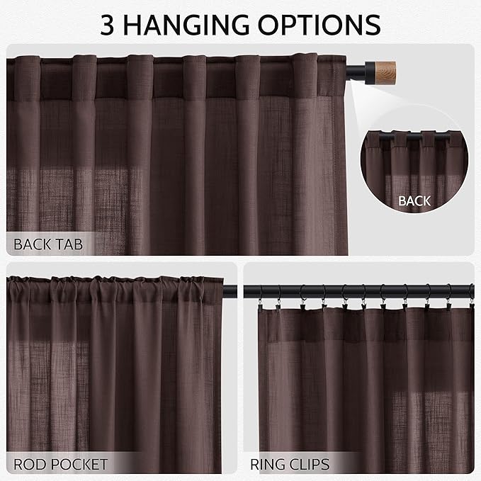 Coffee Brown Curtains 108 Inches Long 2 Panels Set Back Tab Linen Drapes for Living Room Extra Long Modern Simplicity Farmhouse Light Filtering Semi Sheer Linen Curtain for Big Window 52x108