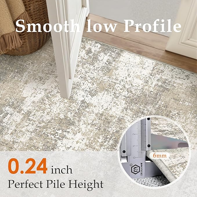 Beige Area Rug 4x6 Machine Washable Modern Abstract Office Carpet Neutral Non Slip Indoor Entry Low Pile Soft Non Shedding Small Mat Bedroom Throw Rug for Kitchen Laundry Dining Room