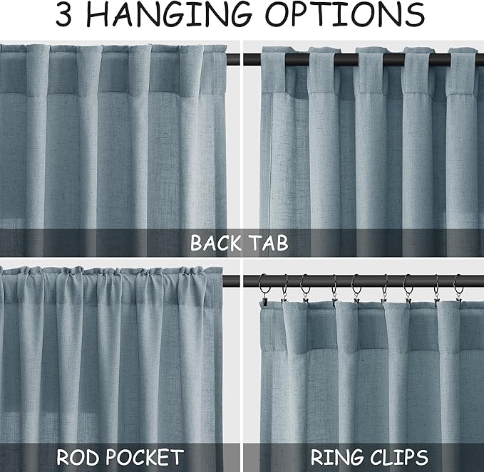 Nanspring Light Blue Linen Curtains 102 Inches Long Rod Pocket Back Tab Drapes 2 Panels Set for Living Room Bedroom Light Filtering Semi Sheer Light Blue Curtain 102 Length for Patio Door 52x102