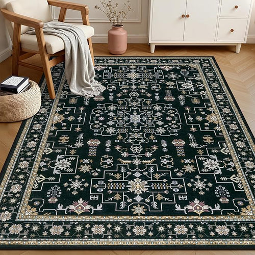 3x5 Area Rugs Living Room Rug: Washable Vintage Boho Medallion Rug No Slip Stain Resistant Soft Carpet Indoor Floor Large Carpets for Bedroom Dining Room Farmhouse Nursery Hallway Home Office Black