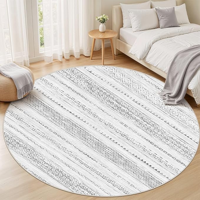 Nakagishi Round Rug Boho Area Rugs: 6x6 Washable Large Circle Neutral Soft Stain Resistant Non-Slip Carpet for Women Aged 25-45 Farmhouse Decor Enthusiasts - Living Room Bedroom Dining Room Nursery