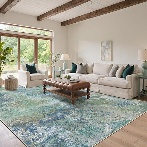 Area Rugs 9x12 for Living Room Bedroom, Modern Abstract Machine Washable Rug, Large Soft Low Pile Floor Carpet with Non Slip Backing for Dining Room, Blue Green
