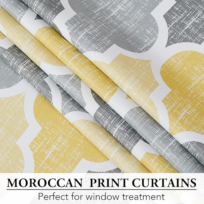 Beauoop 100% Blackout Curtains 54 Inches Long 2 Panels for Bedroom Living Room Yellow Grey Moroccan Geo Room Darkening Thermal Insulated Soundproof Grommet Top Window Treatments Drapes, 50x54 Set of 2
