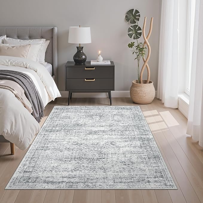 Soalmost 3x5 Rug, Small Area for Kitchen, Entryway, Machine Washable Non-Slip Throw Rug, Vintage Carpet for Nursery Coffee Table Grey