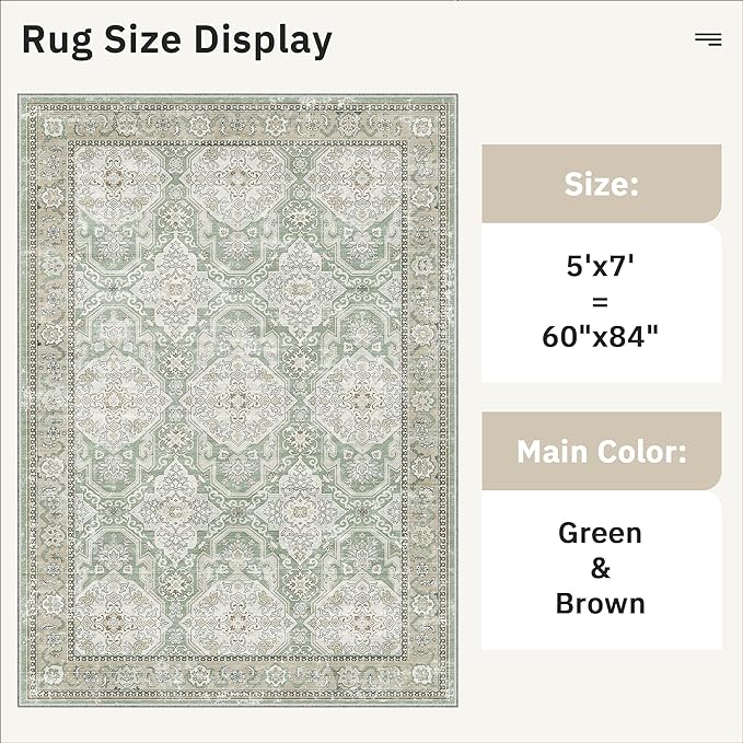 Soalmost 5x7 Area Rugs Green/Brown Low Pile Indoor Washable Trendy Faded Style Rugs for Bedroom Living Room Dining Room Foldable Non-Slip Thin Print Home Office Mat