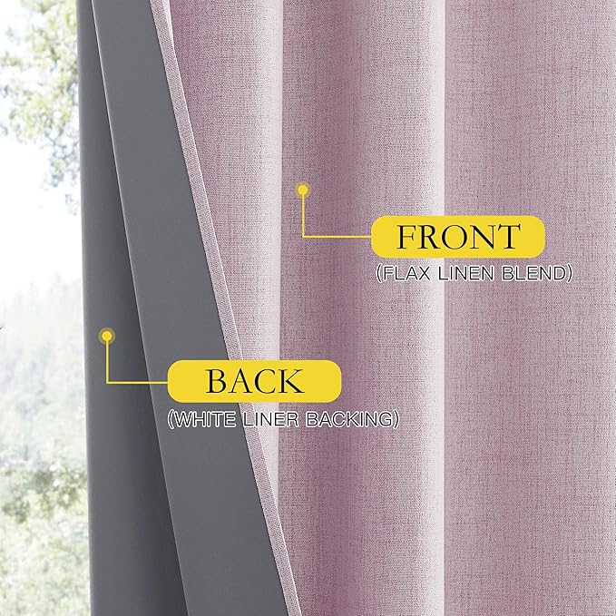 NICETOWN Pink Vintage Linen 100% Blackout Curtains for Living Room, Thermal Insulated Curtains 102“ Long, Noise Reducing Window Treatment Drapes for Home Office, 62" Wide Per Panel, Set of 2