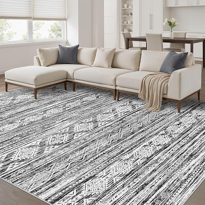 Nakagishi Bedroom Rug Area Rugs 4x6: Washable Boho Neutral Farmhouse Stain Resistant Moroccan Non-Slip Throw Carpet for Women Modern Home Enthusiast Aged 25-40 - Entryway Kitchen Bedside - Black White