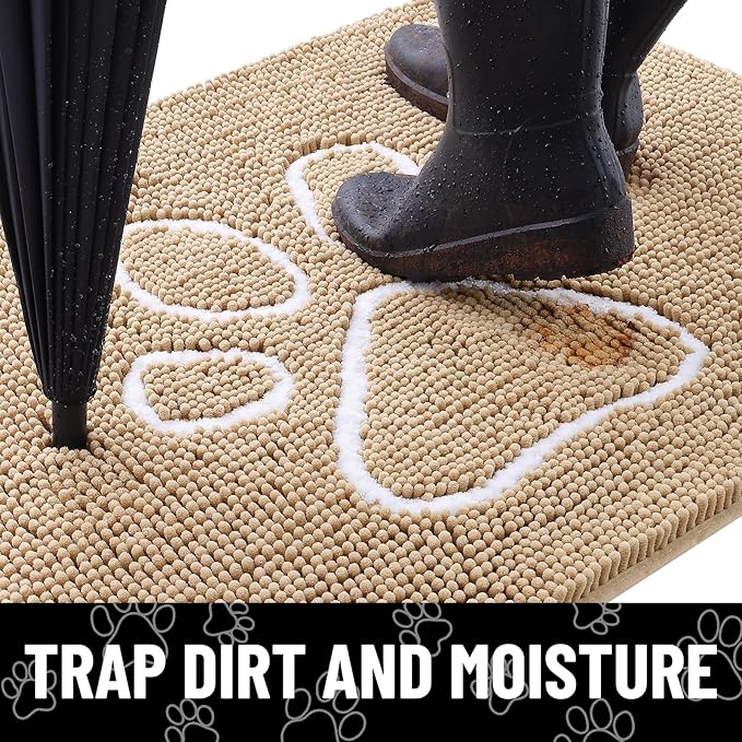 Smiry Dog Door Mat for Muddy Paws, Absorbent Dirt Trapper Non Slip Quick Dry Washable Chenille Mat for Mud Dogs, Entry Rug for Indoor and Outdoor (44x32 Inches, Beige and White)