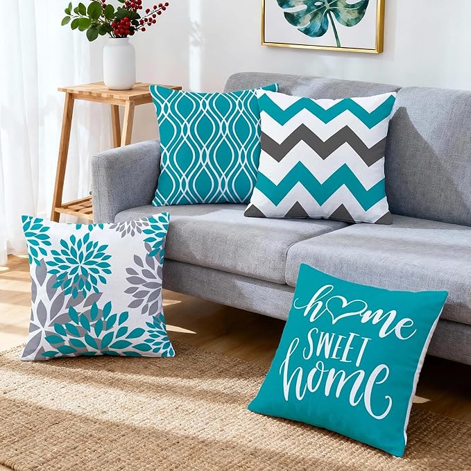 Hexagram Geometric Teal Pillow Covers 20x20 Set of 4, Decorative Outdoor Boho Modern Throw Pillow Covers, Home Sweet Home Farmhouse Cushion Case for Couch Sofa Bedroom Indoor Decor(No Insert)