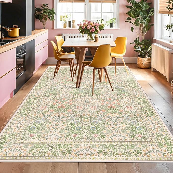 Washable Beige Green 5x8 Area Rug for Living Room, Large Entryway, Kids Room, Boy Bedroom, Playroom - Vintage Oriental Rug Low Pile Non Slip & Stain Resistance (5x8 Beige Green)