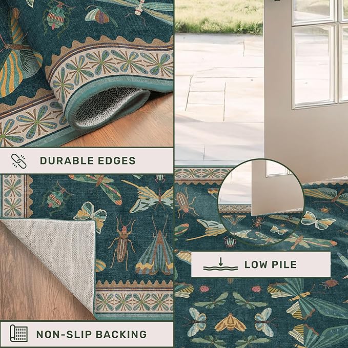 Hazo Haus Insect Blue Green Living Room Rug 5x8 - Washable Area Rug for Bedroom, Dining Room, Kids Playroom, Home Office, Boho Butterfly Non Slip Stan Resistant