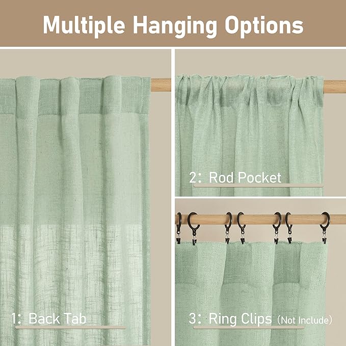 LAMIT Fresh Green Linen Curtains 54 Inch Length, Light Filtering Panels Back Tab and Rod Pocket Neutral Drapes for Living Room/Window/Bedroom, 52 x 54 Inch, 2 Panels