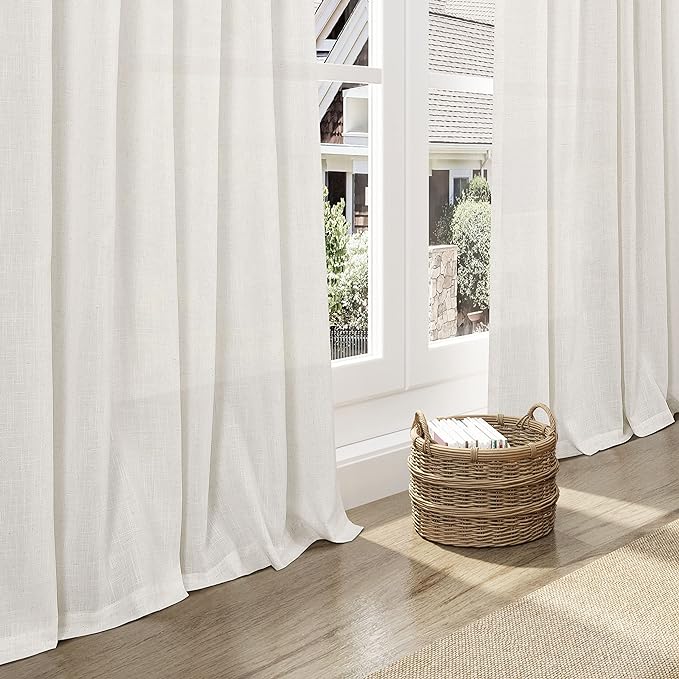 Nanspring 144 Inch Long Curtains 2 Panels for Living Room Back Tab Neutral Farmhouse Extra Long Drapes Semi Sheer Linen Curtain 144 inches Long for Floor to Ceiling High Window Patio Sliding Door
