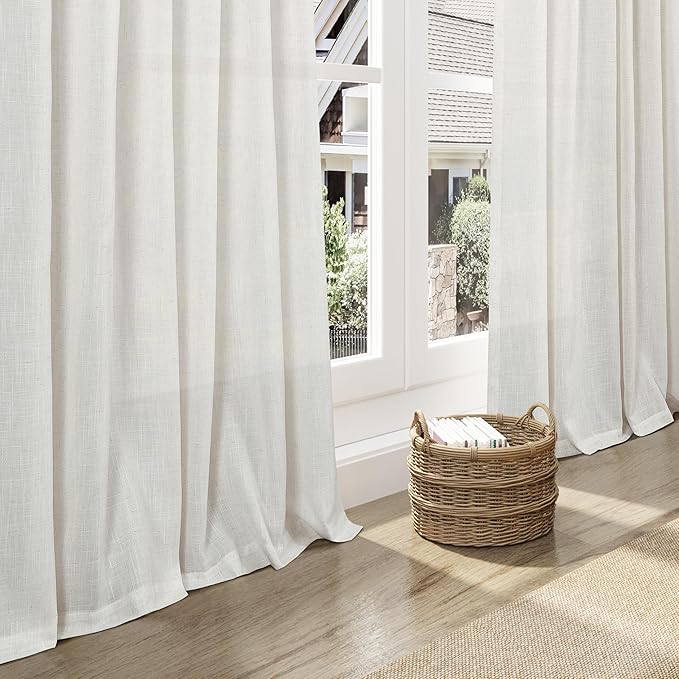 Nanspring Natural Linen Curtains for Living Room 144 Inches Long Back Tab Light Filtering Semi Sheer Curtain Rustic Farmhouse Decor Long Floor to Ceiling High Window for Bedroom 52x144, 2 Panels