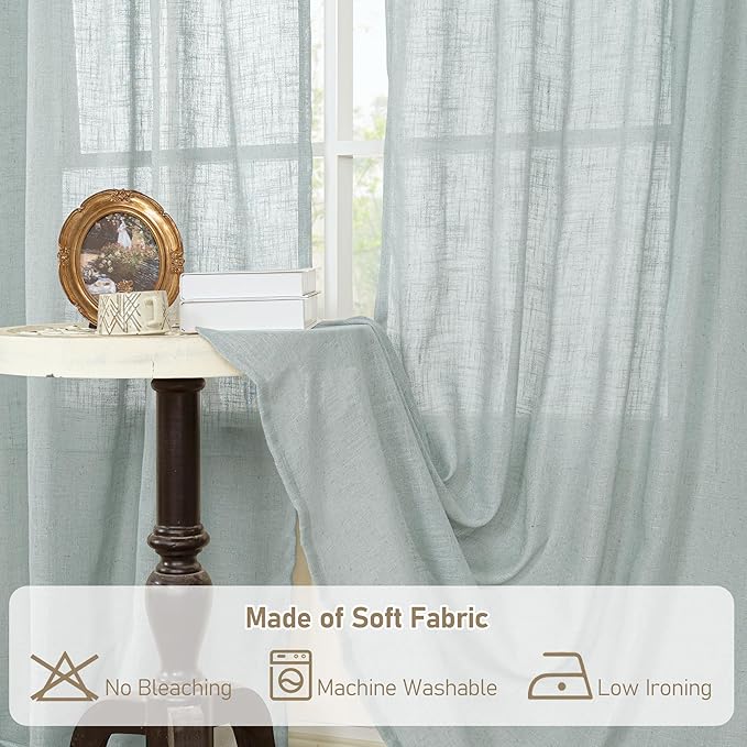 LAMIT Extra Wide Linen Curtains for Bedroom, Light Filtering Faux Linen Textured Panels Semi Sheer Back Tab and Rod Pocket Boho Drapes for Living Room/Farmhouse, 2 Panels, Greyish Blue, 60 x 84 Inch