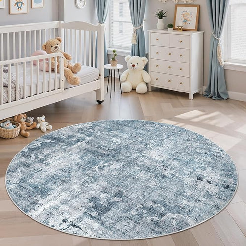 5x5 Blue/Grey Round Rug 5ft Living Room Circle Rug Vintage Round Area Rug Non Slip Indoor Carpet for Entryway Dining Room Bedroom