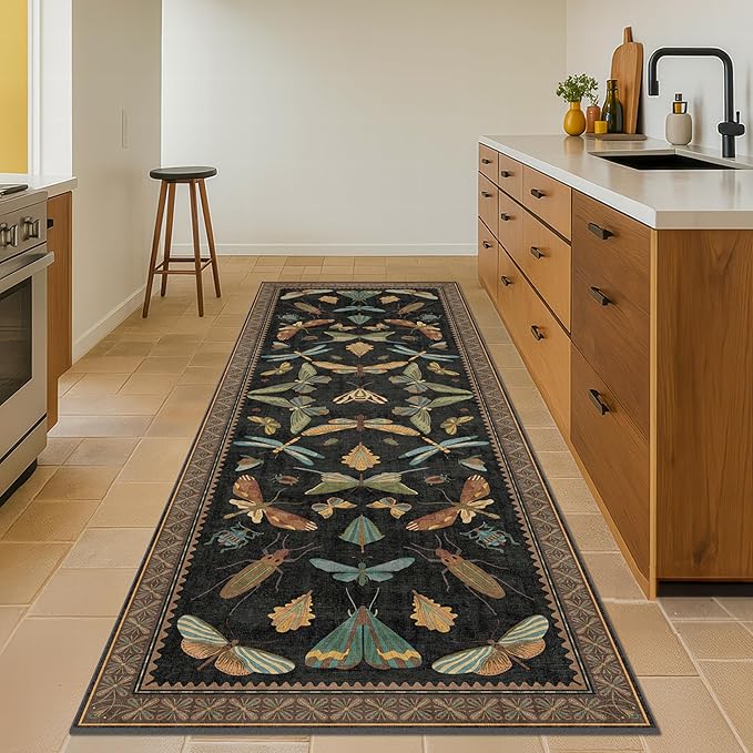 Dark Black Boho 2x10 Rug Runners for Hallways, Washable Non Slip Long Runner Rug for Kitchen, Entryway, Low Pile & Soft Stain Resistant Vintage Home Décor