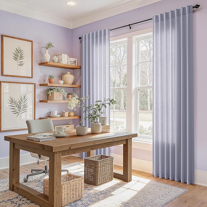 Nanspring Lavender Purple Linen Curtains 90 Inches Long for Living Room Boho Decor Light Filtering Semi Sheer Curtain Back Tab and Rod Pocket Modern Luxury Drapes for Bedroom Office 52x90, 2 Panels