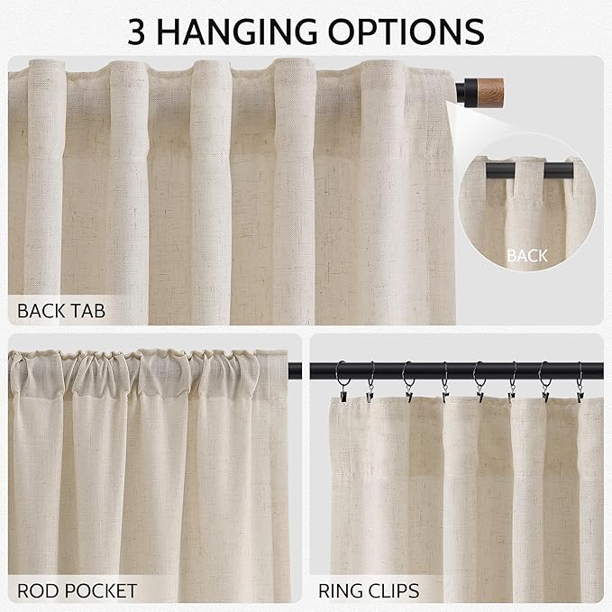 Nanspring 102 Inch Long Curtains for Living Room Cream Beige Linen Light Filtering Semi Sheer Curtain Back Tab Modern Farmhouse Decor Floor to Ceiling Coastal Drapes for Bedroom 52x102, 2 Panels